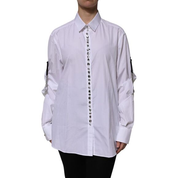 Dolce & Gabbana White Rhinestone Embellish Long Sleeves Women's Top (Pre-Owned)